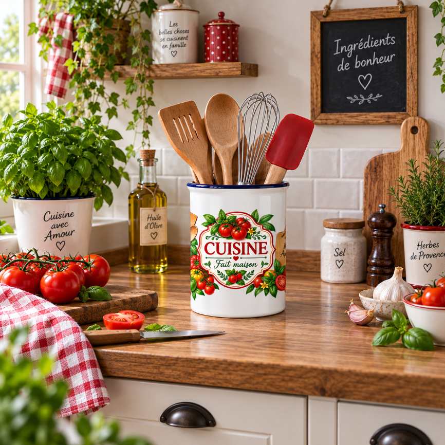 Pot � ustensiles cuisine fait maison tomates et basilic