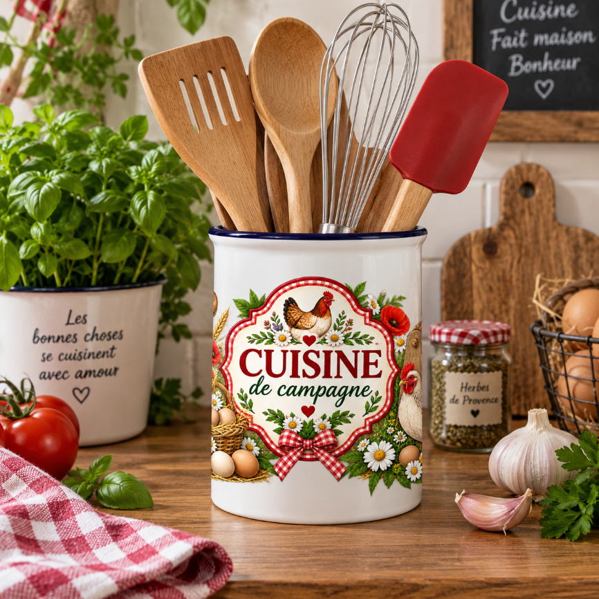 Pot � ustensiles cuisine de campagne poules et �ufs