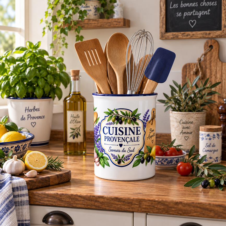 Pot � ustensiles cuisine proven�ale lavande et olives