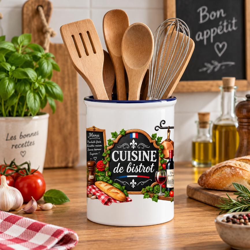Pot � ustensiles cuisine de bistrot en c�ramique 13 cm