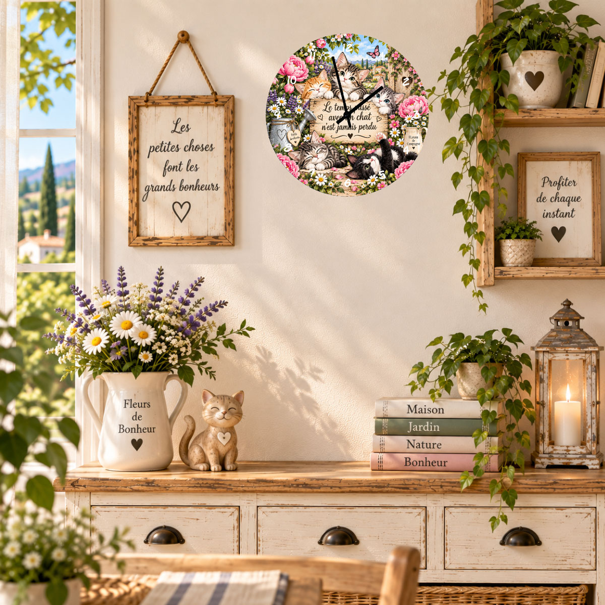 Horloge chat en verre 29 cm � Le temps pass� avec un chat