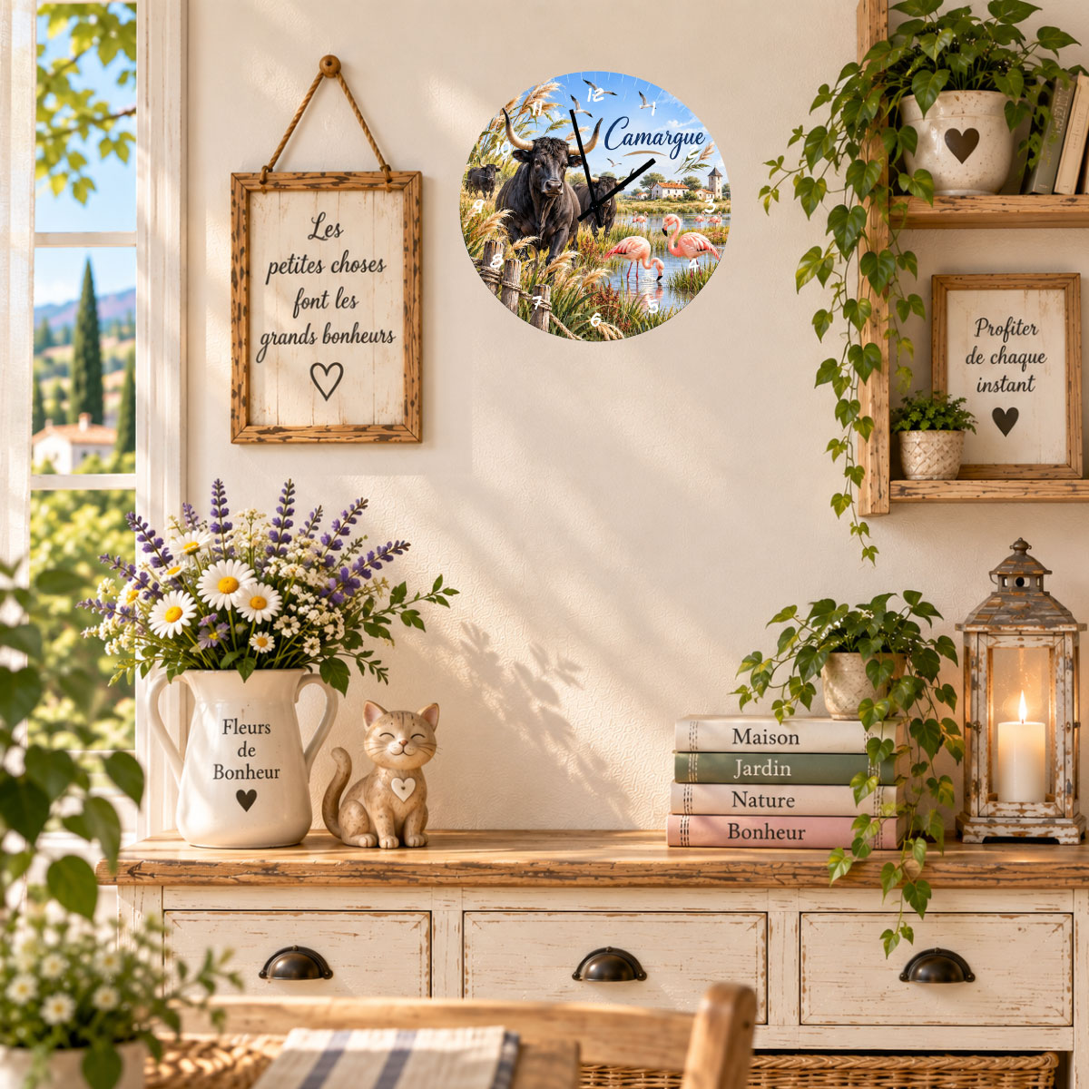 Horloge murale Camargue taureaux et flamants roses 29 cm