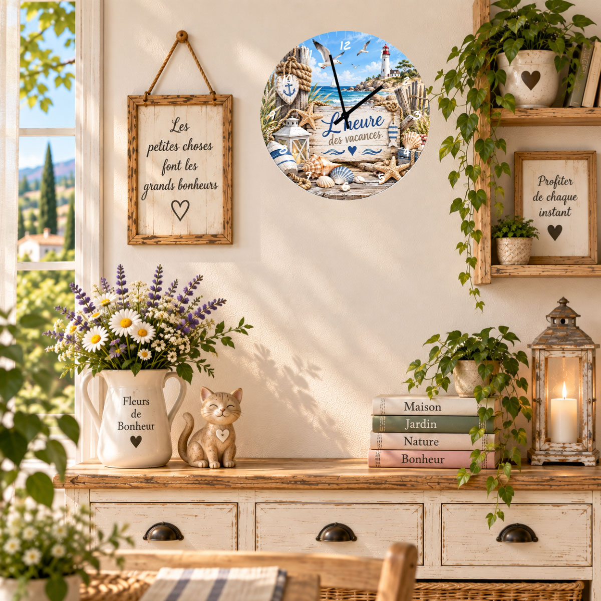 Horloge bord de mer en verre 29 cm � L'heure des vacances