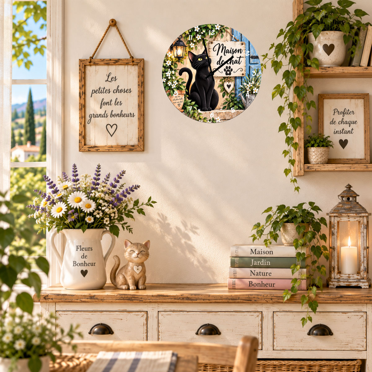Horloge chat noir en verre 29 cm � Maison de chat