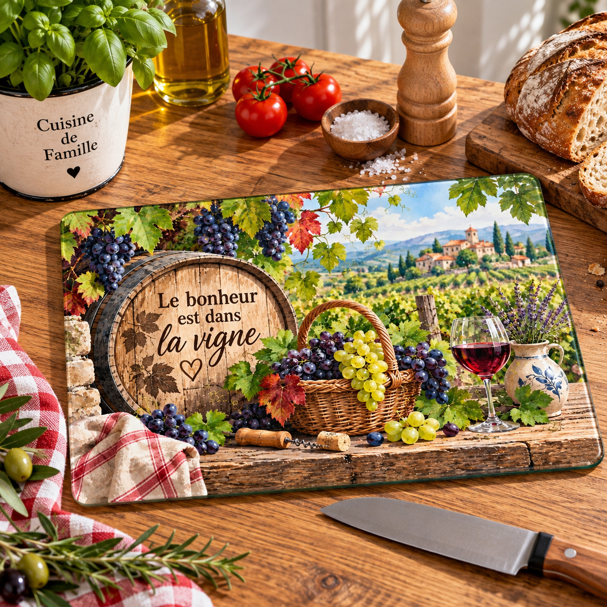 Planche � d�couper verre Le bonheur est dans la vigne 29 x 20 cm