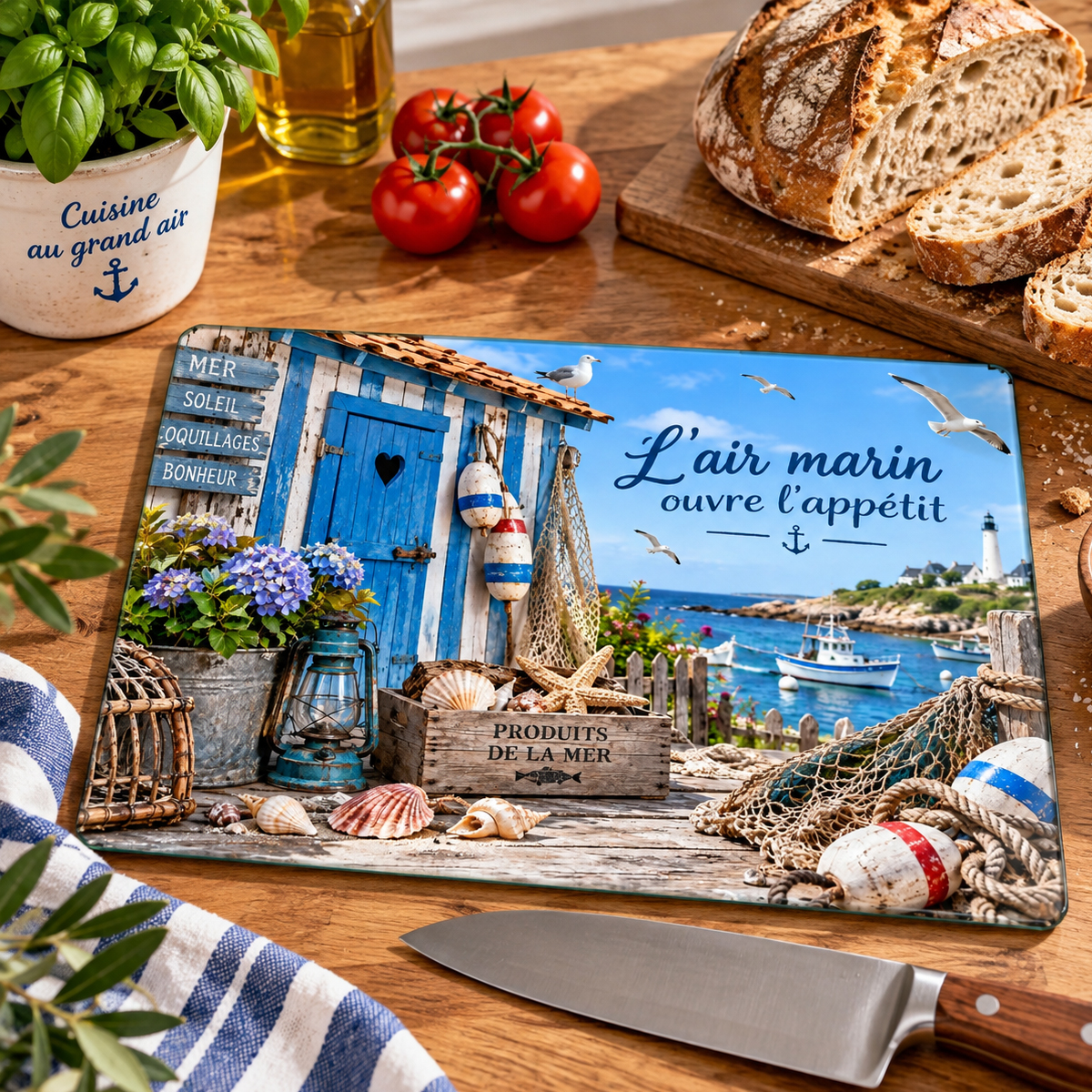 Planche � d�couper verre air marin bord de mer 29 x 20 cm