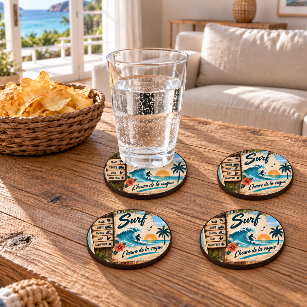 Lot de 4 dessous de verre surf vintage 9,5 cm