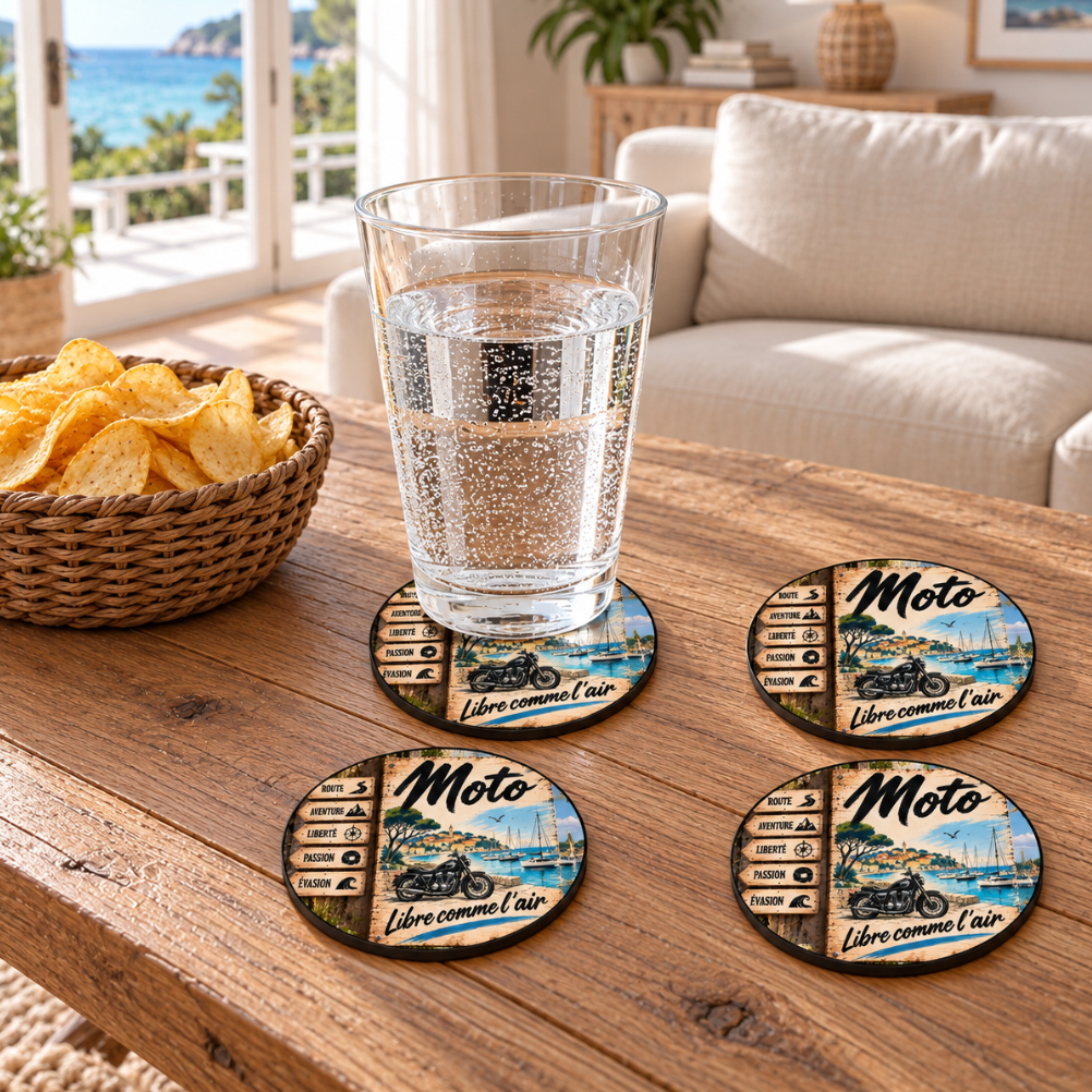 Lot de 4 dessous de verre moto libre comme l�air 9,5 cm