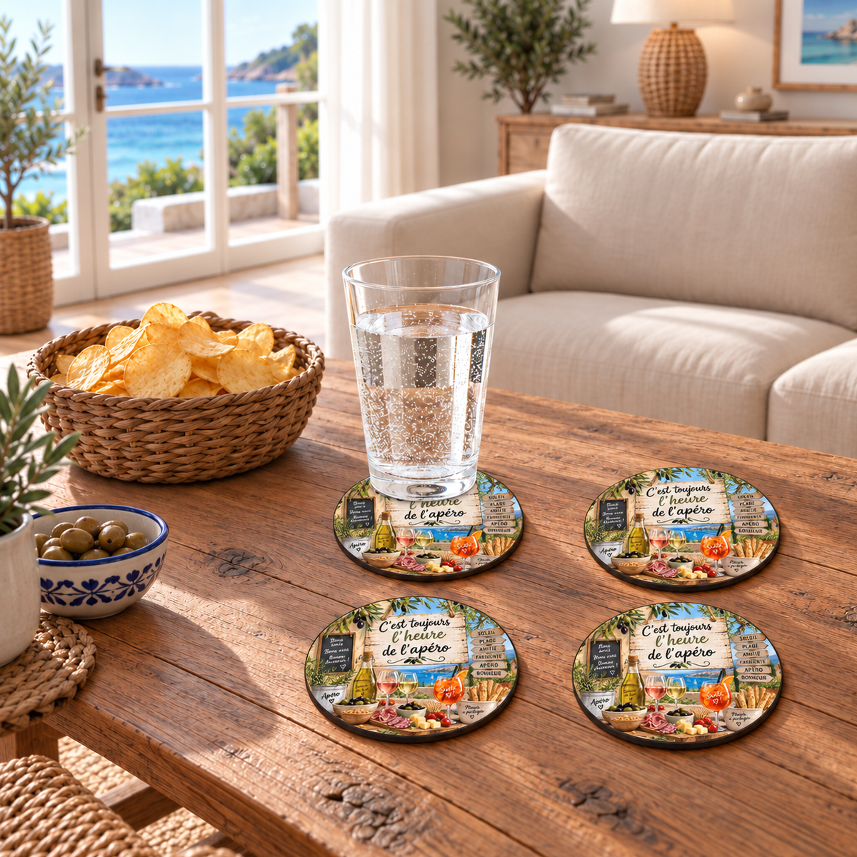 Lot de 4 dessous de verre ap�ro m�diterran�en 9,5 cm