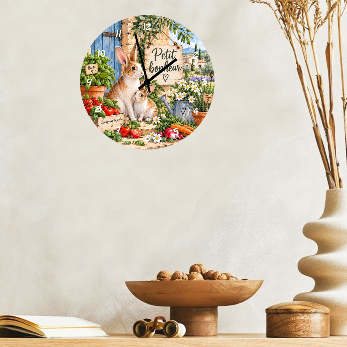 Horloge murale lapins au jardin en verre 29 cm