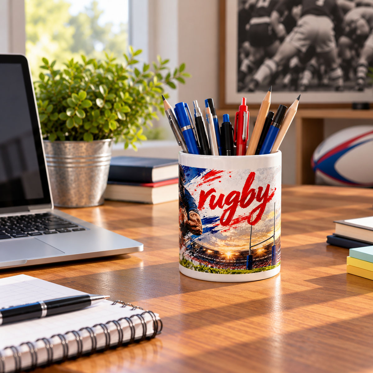 Pot � crayons rugby Passion en c�ramique � 9,8 cm