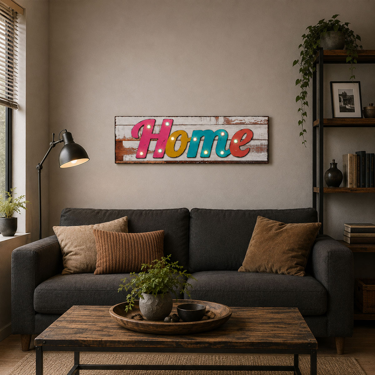 Cadre toile lumineux HOME multicolore 90 x 30 cm