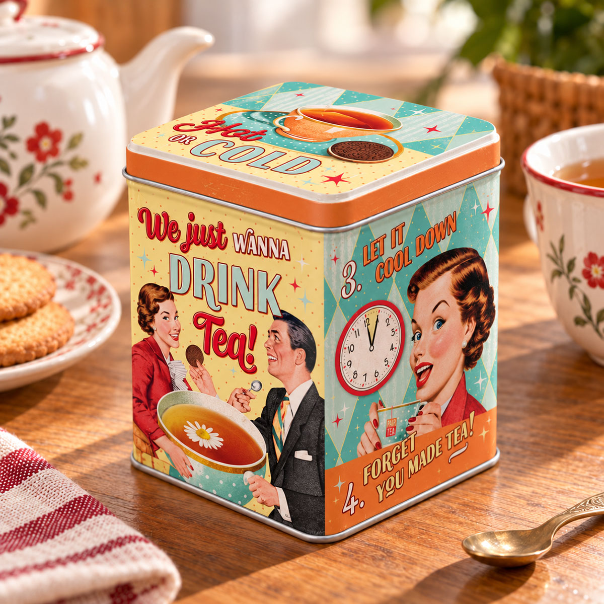 Bo�te � th� r�tro ann�es 50 en m�tal We Just Wanna Drink Tea