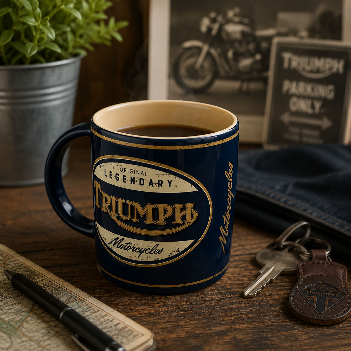 Mug Triumph Motorcycles vintage en c�ramique bleu et cr�me