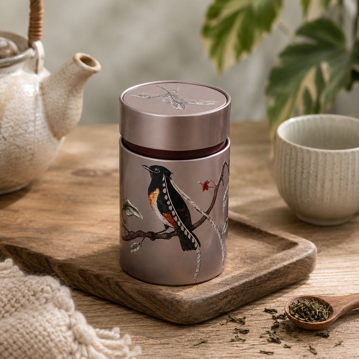 Bo�te � th� oiseaux en m�tal 150 g double couvercle