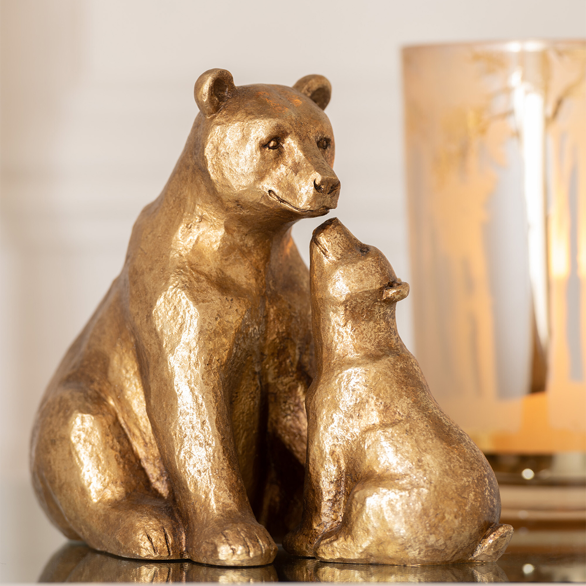 Figurine ours et son ourson en résine or