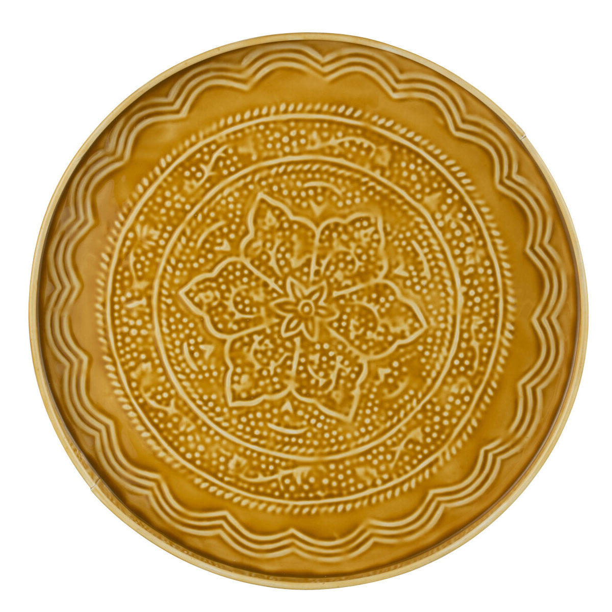 Plateau rond en m�tal emboss� jaune ocre