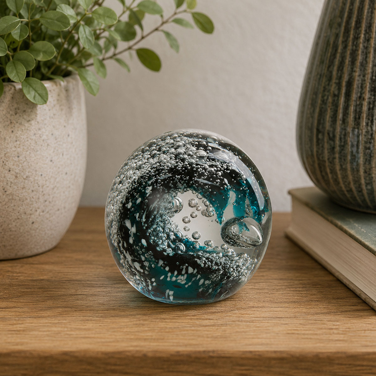 Presse papier vague bleue sulfure en verre