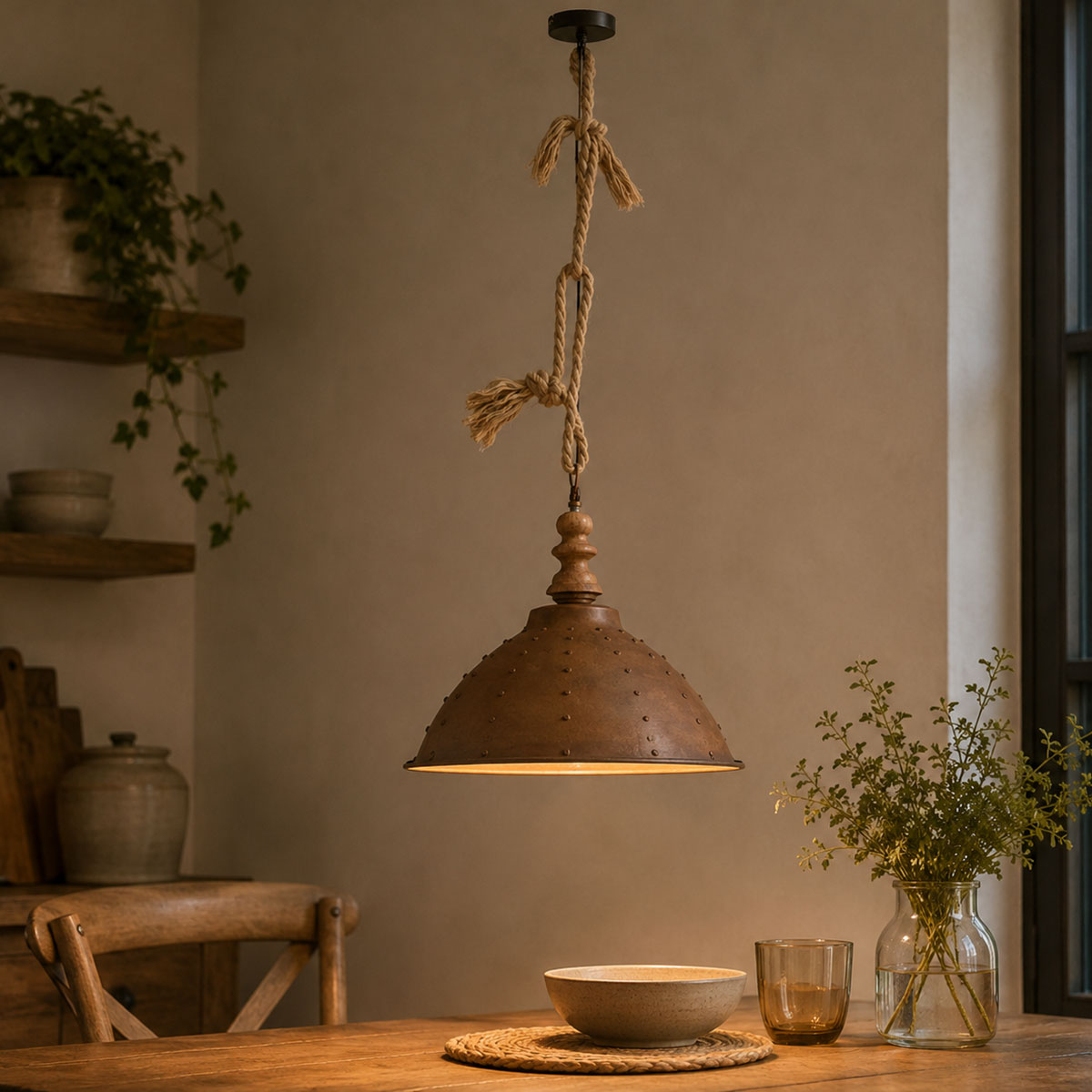 Lampe Suspendue Oda Metal/Bois/Corde Rouille