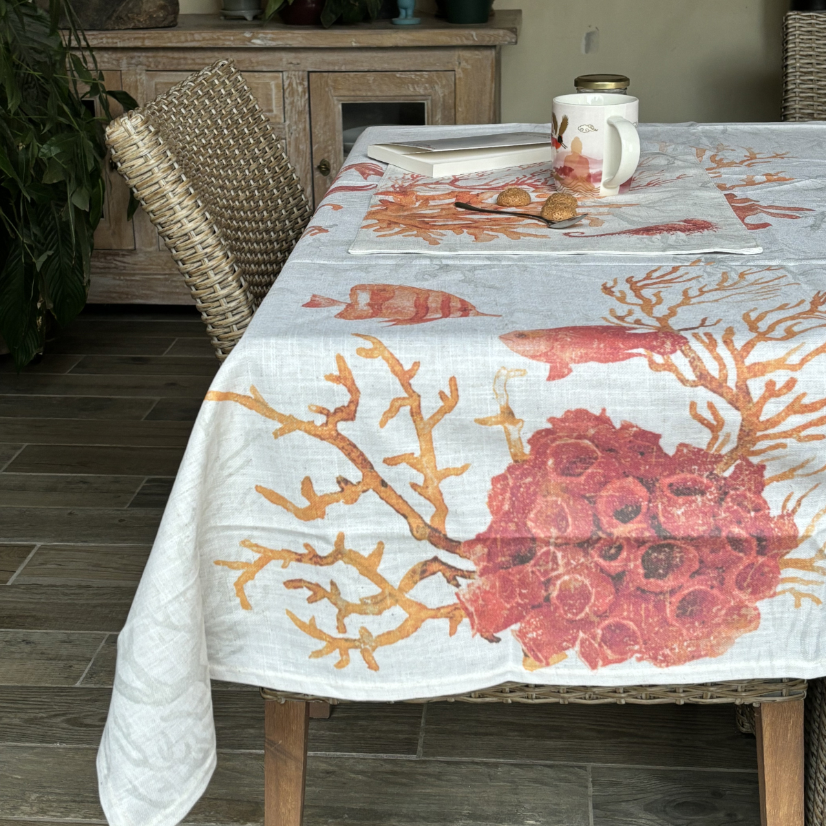 Nappe imprime en polylin enduit Corail orange 160 x 200 cm