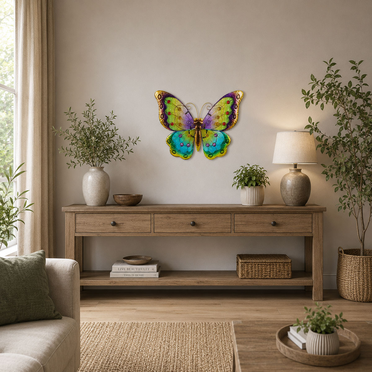 D�coration murale Papillon en m�tal et verre Jaune 43 x 34 cm