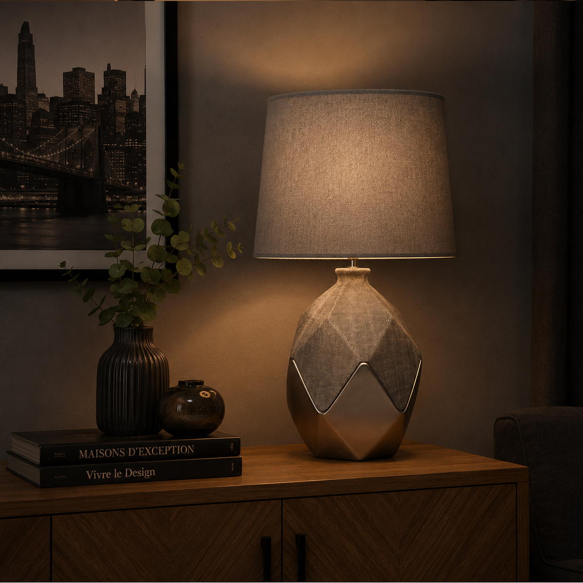 Lampe Dolomite argent�e en r�sine et lin - 60 cm