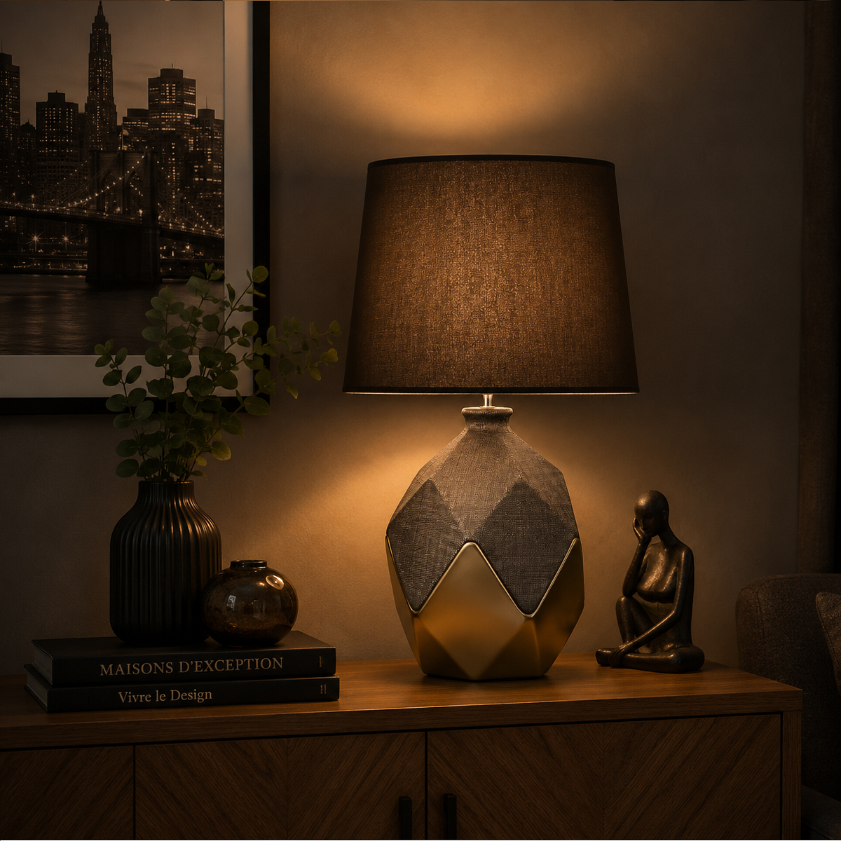 Lampe Dolomite dor�e en r�sine et lin - 60 cm