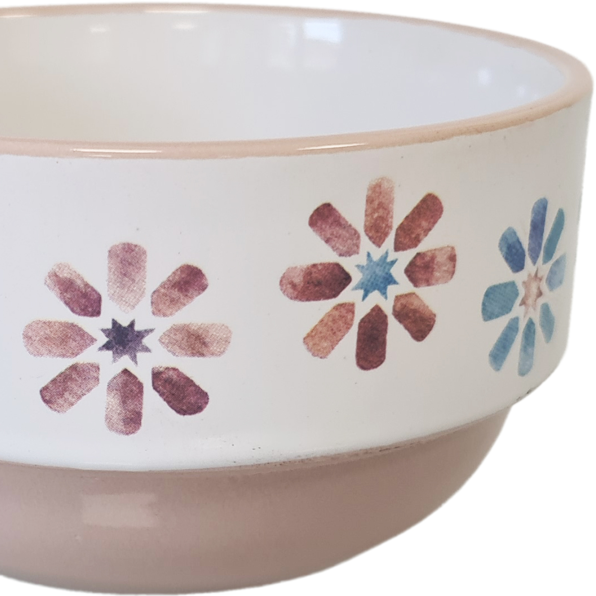Bol en Grs - Blanc et beige - Fleurs