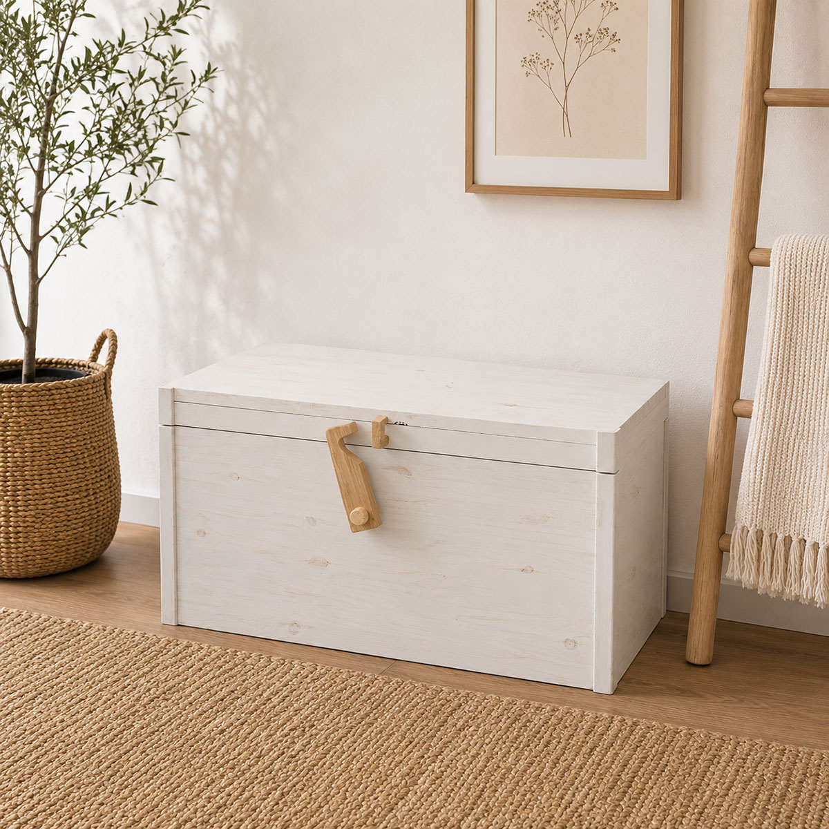 Coffre en bois de pin lasur� blanc fait main