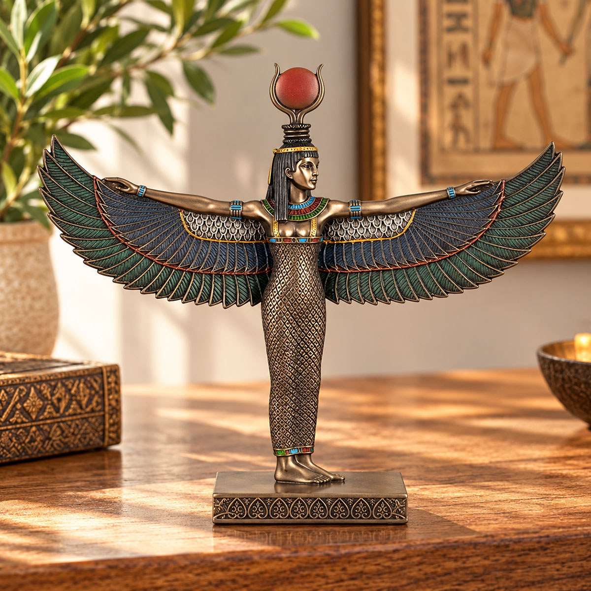 Figurine d�esse Isis ail�e �gyptienne aspect bronze 25 cm