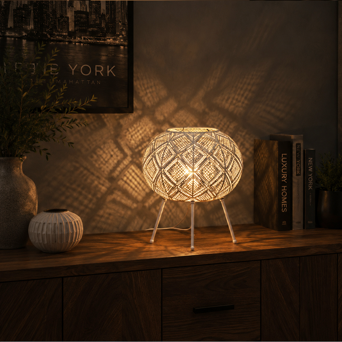 Lampe � poser Ethnique en m�tal blanc ajour� 30 x 34 cm