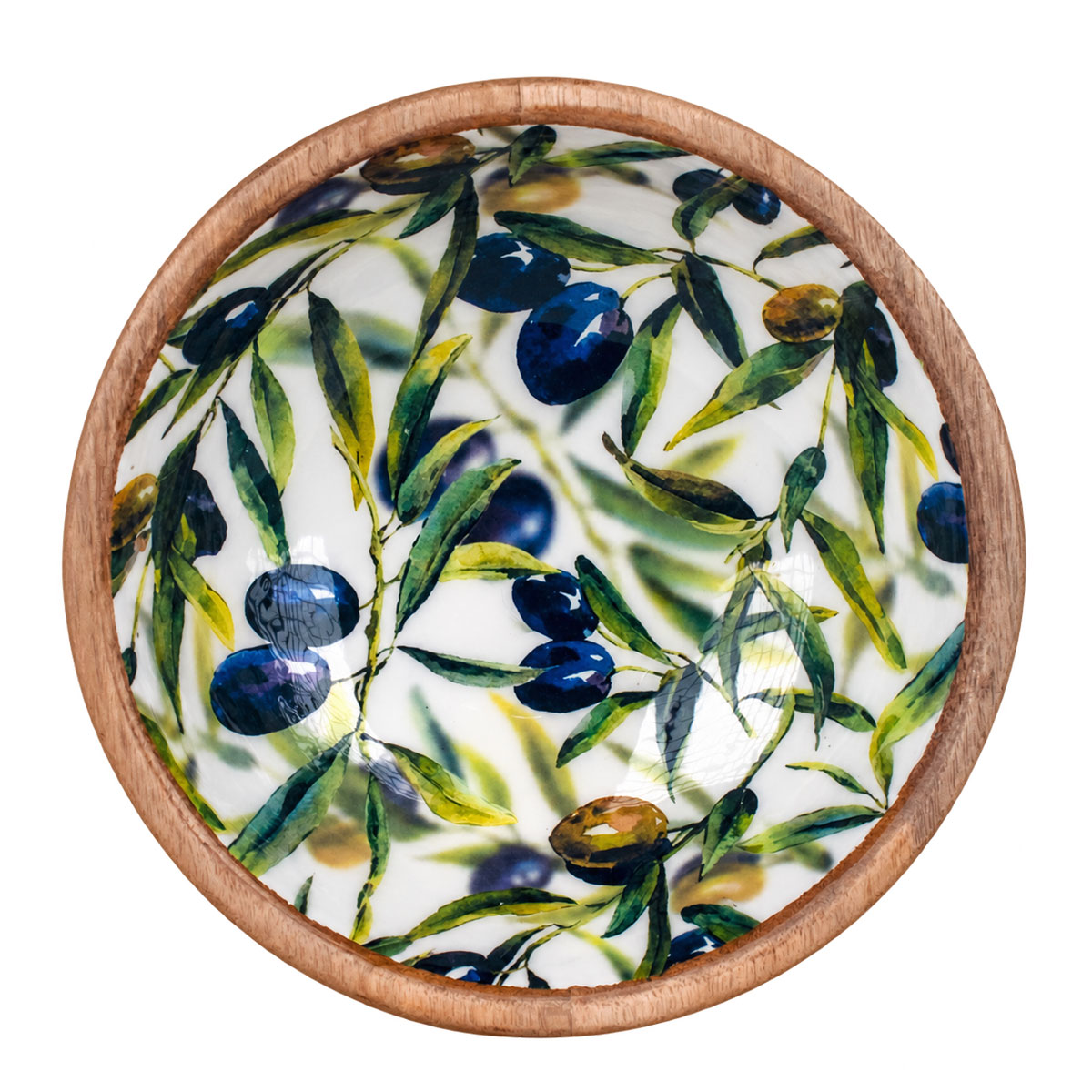 Bol en bois de manguier d�cor olives et olivier 20 cm