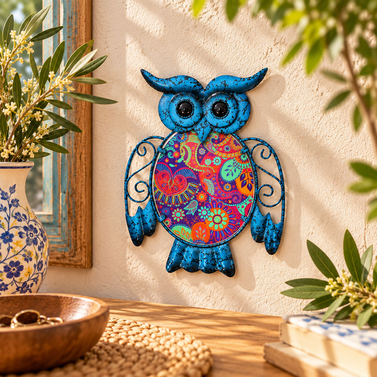 D�coration murale hibou bleu en m�tal et verre multicolore 25 cm