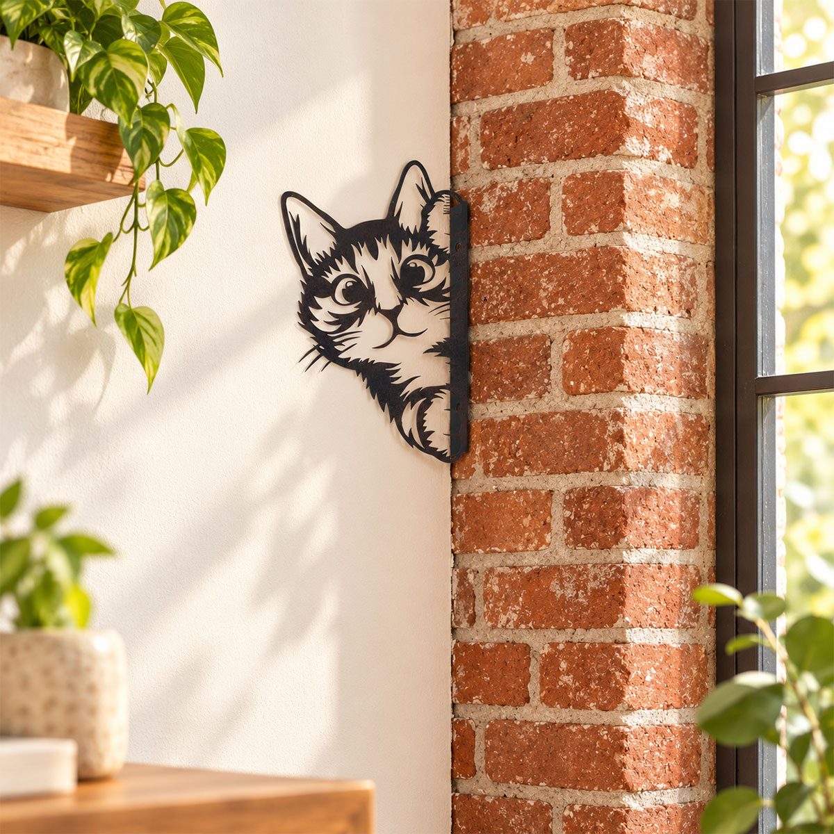 D�coration murale chat qui se cache en m�tal effet rouille 20 cm