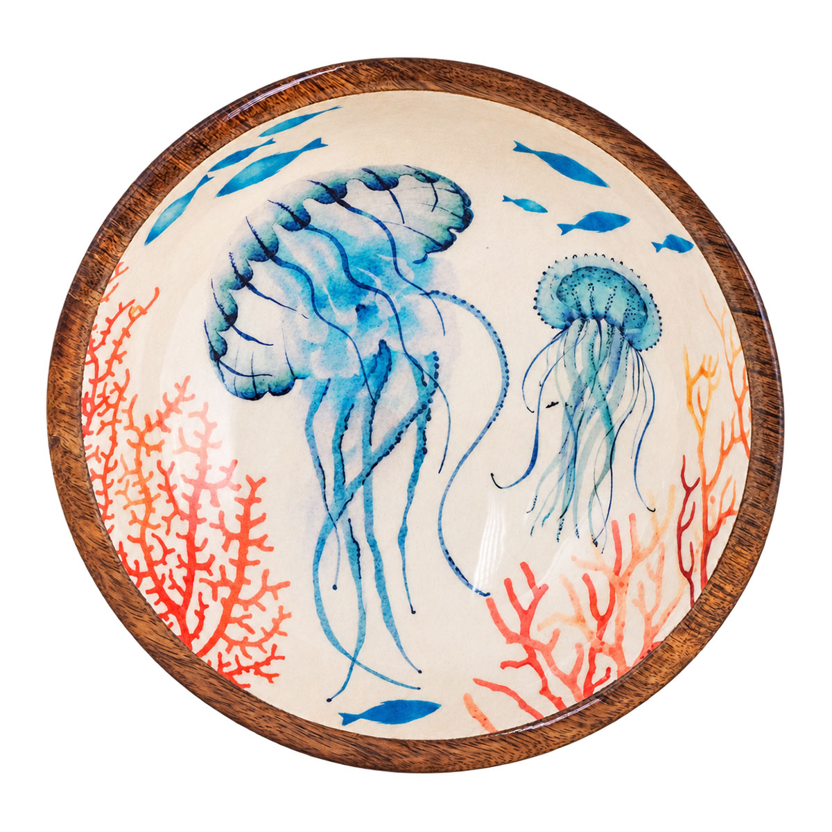 Bol en bois de manguier d�cor m�duses et fonds marins 20 cm