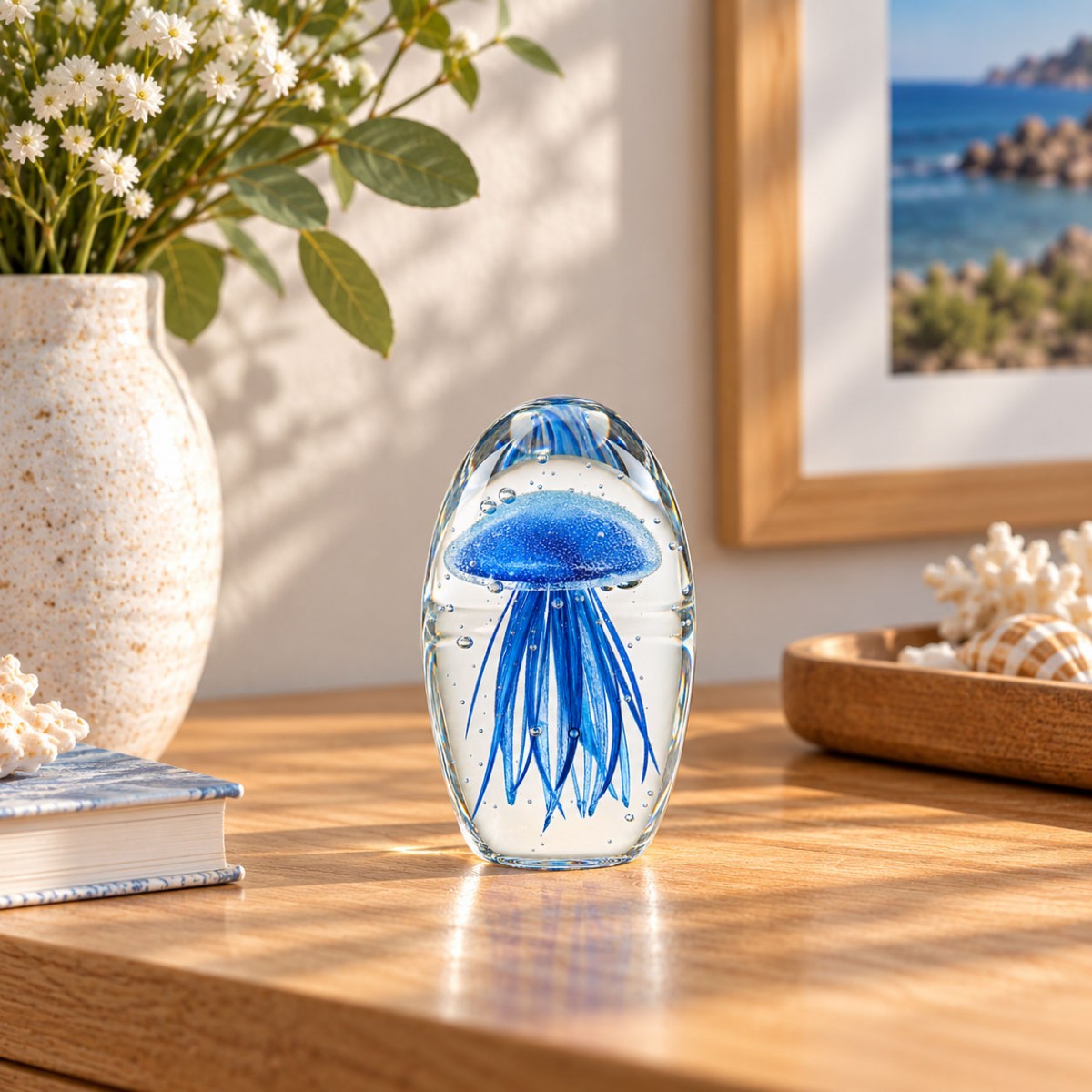Presse-papier sulfure en verre m�duse bleue