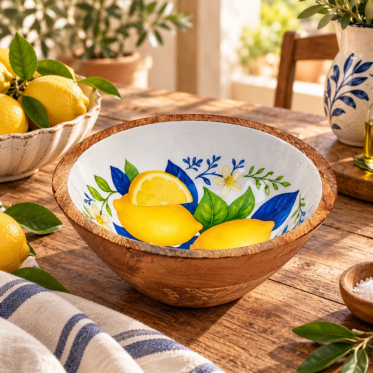 Saladier en bois et r�sine d�cor citrons jaunes et bleus 25 cm