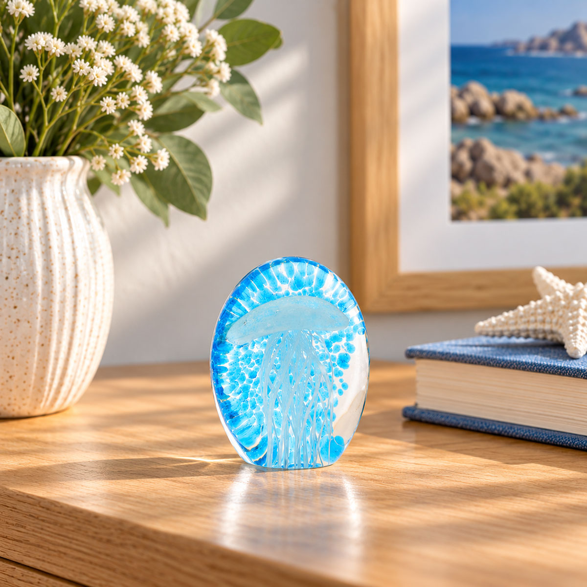 Presse-papier sulfure en verre m�duse blanche et bleue 8,5 cm