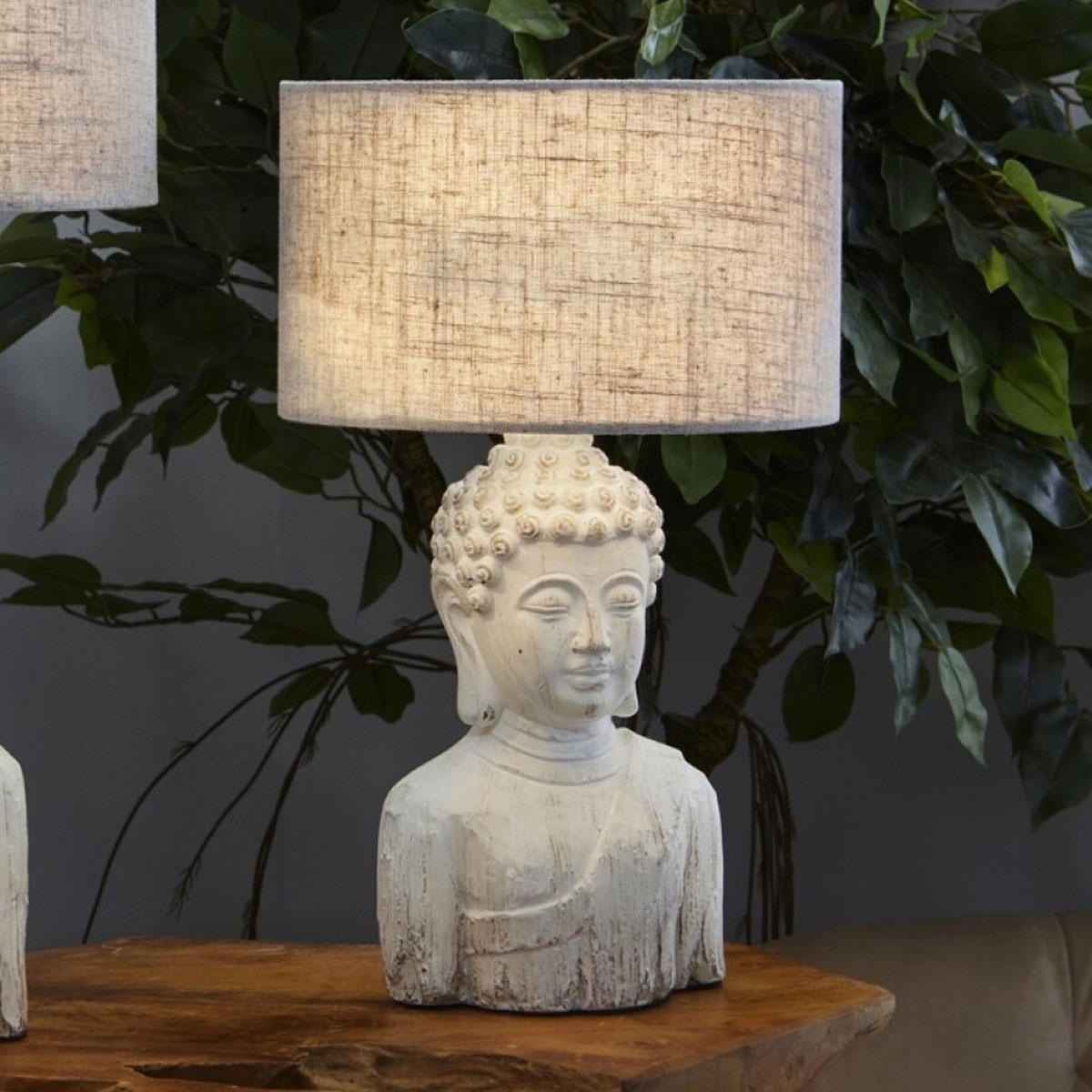 Statue de tête de bouddha beige/gris, 30x30x55 cm, en pierre moulée