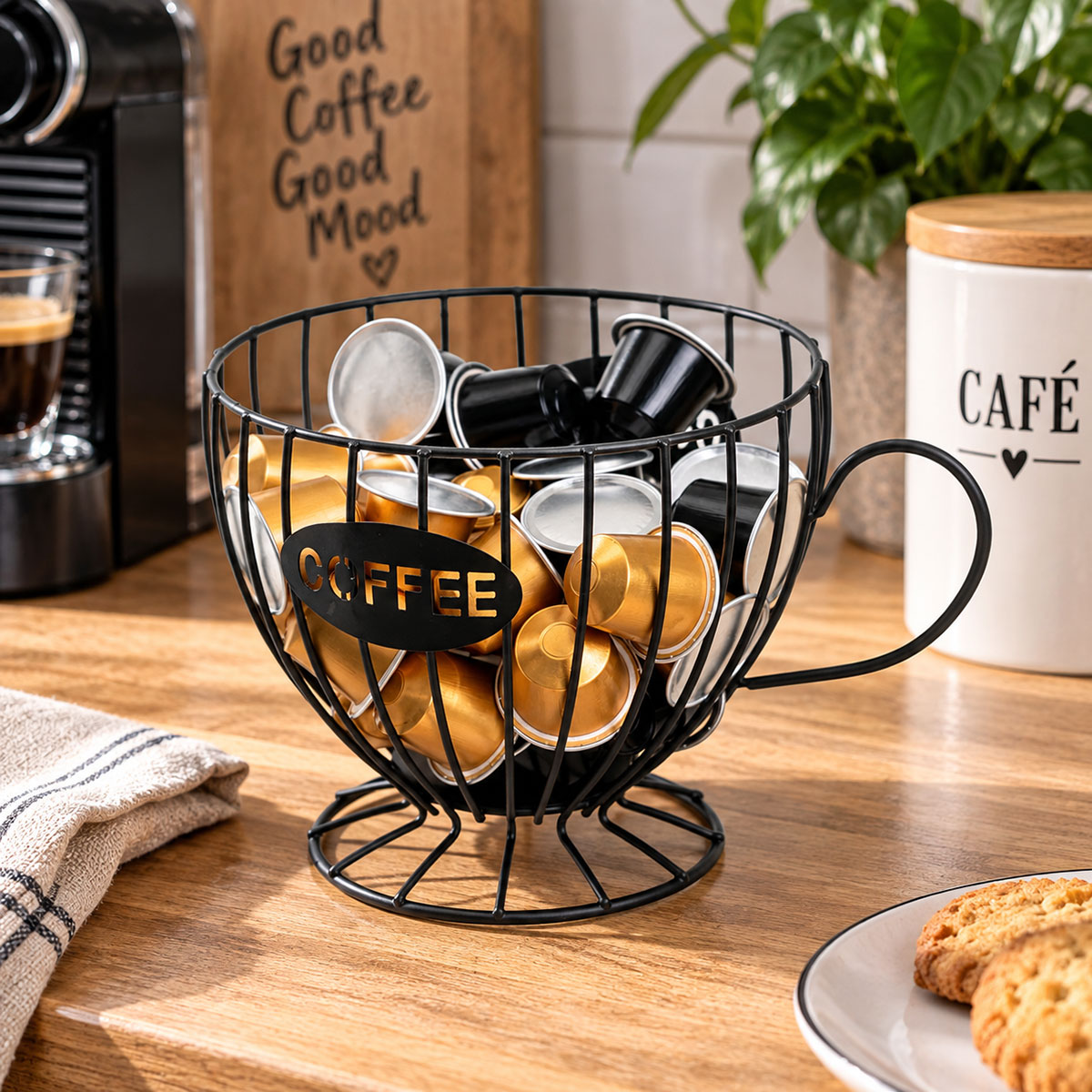 Porte-capsules caf� tasse m�tal noir 19 x 15 x 13 cm