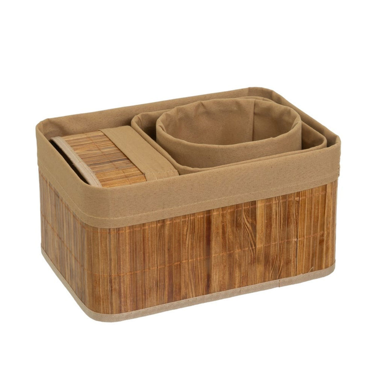 Set de 4 paniers ronds en bambou et tissu marron