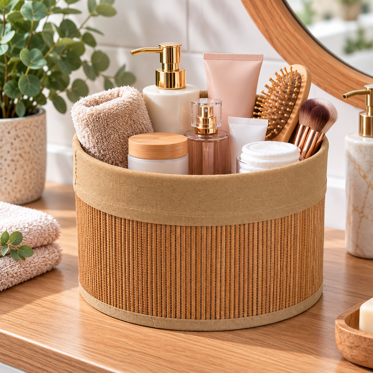 Panier de rangement rond bambou et tissu marron 24 cm