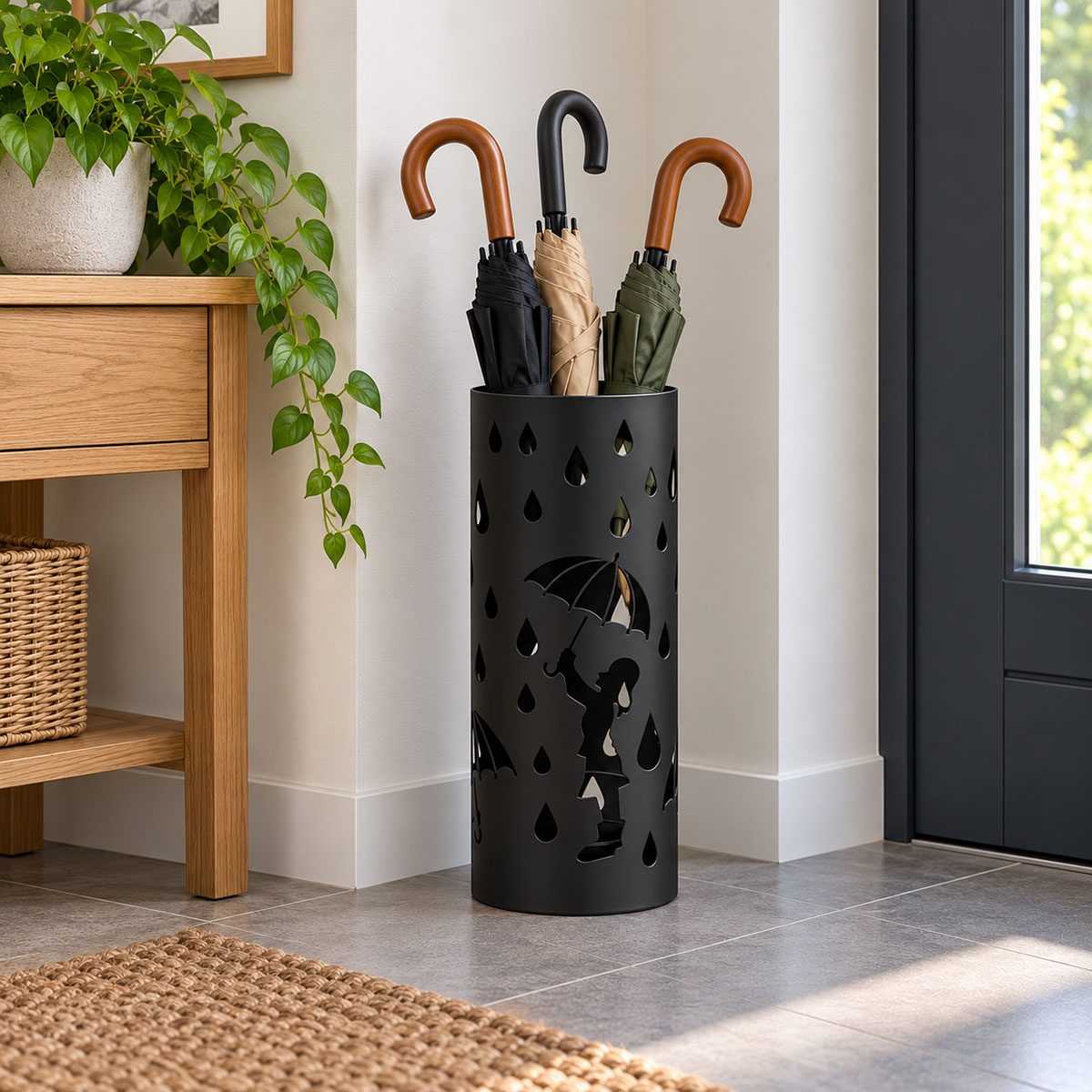 Porte-parapluie rond noir m�tal motif pluie 49 cm