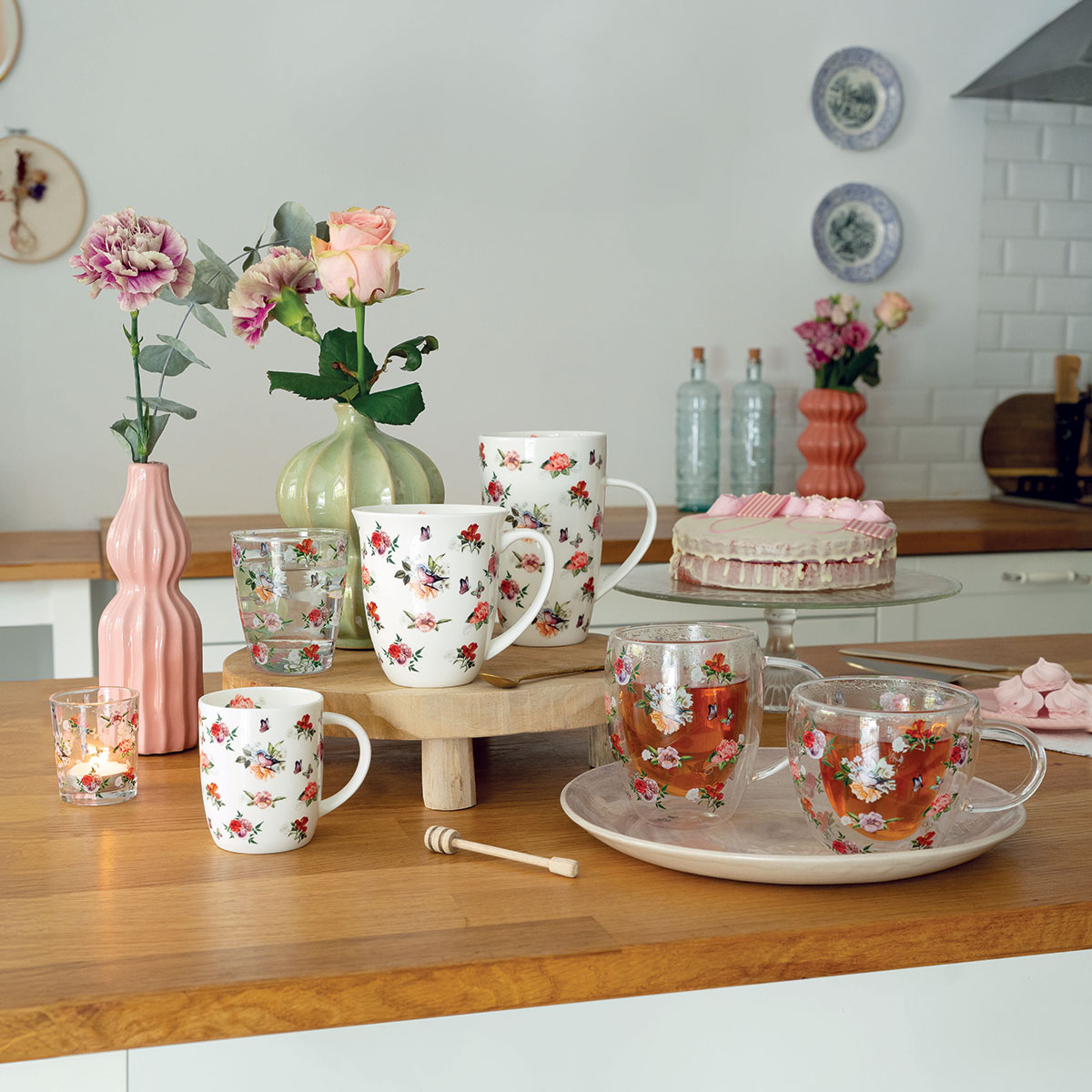 Tasse en verre double paroi Charlotte Fleurs, Oiseaux, Papillons