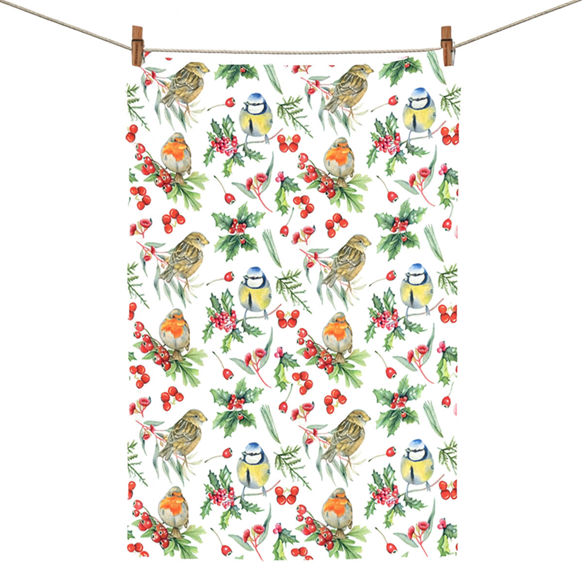 Torchon en coton oiseaux et baies 50 x 70 cm