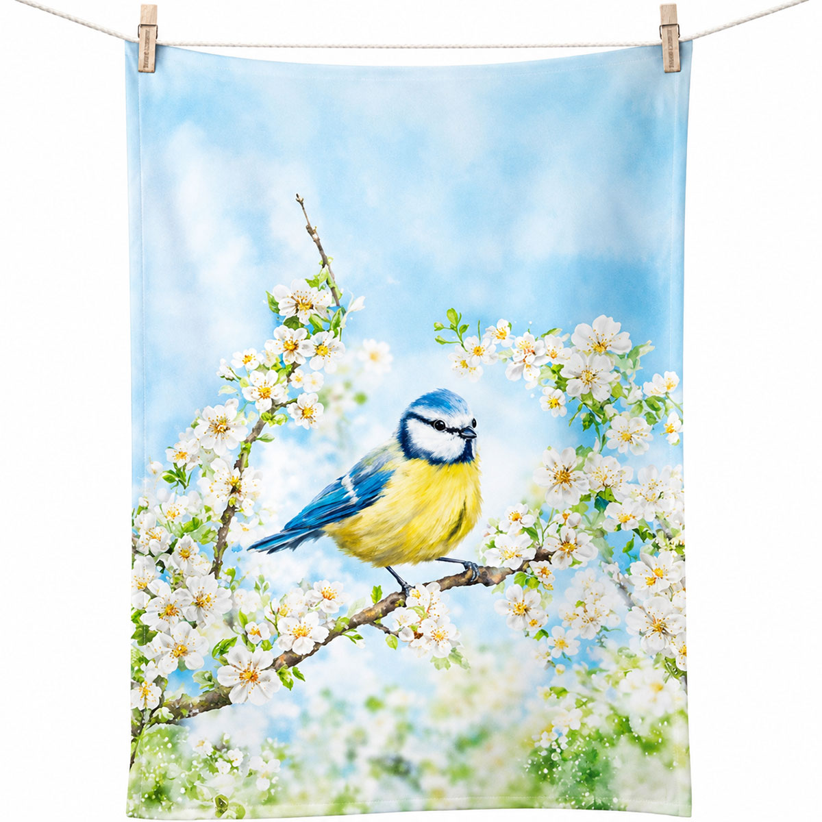 Torchon coton m�sange bleue et fleurs 70 x 50 cm