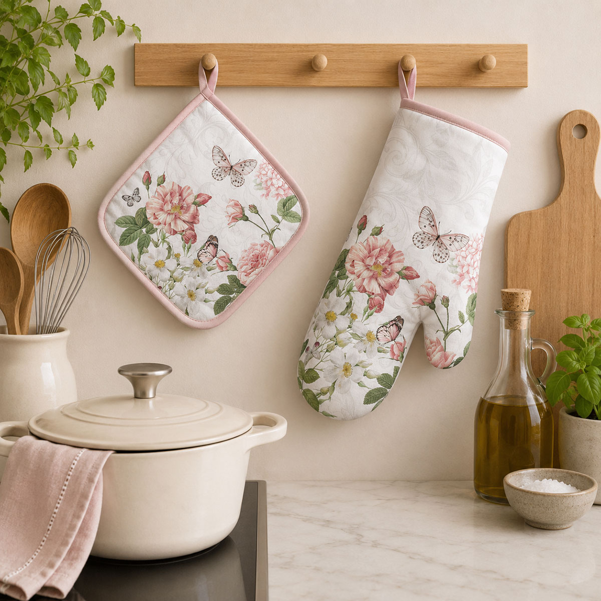 Gant de cuisine fleurs roses et papillons 18 x 30 cm