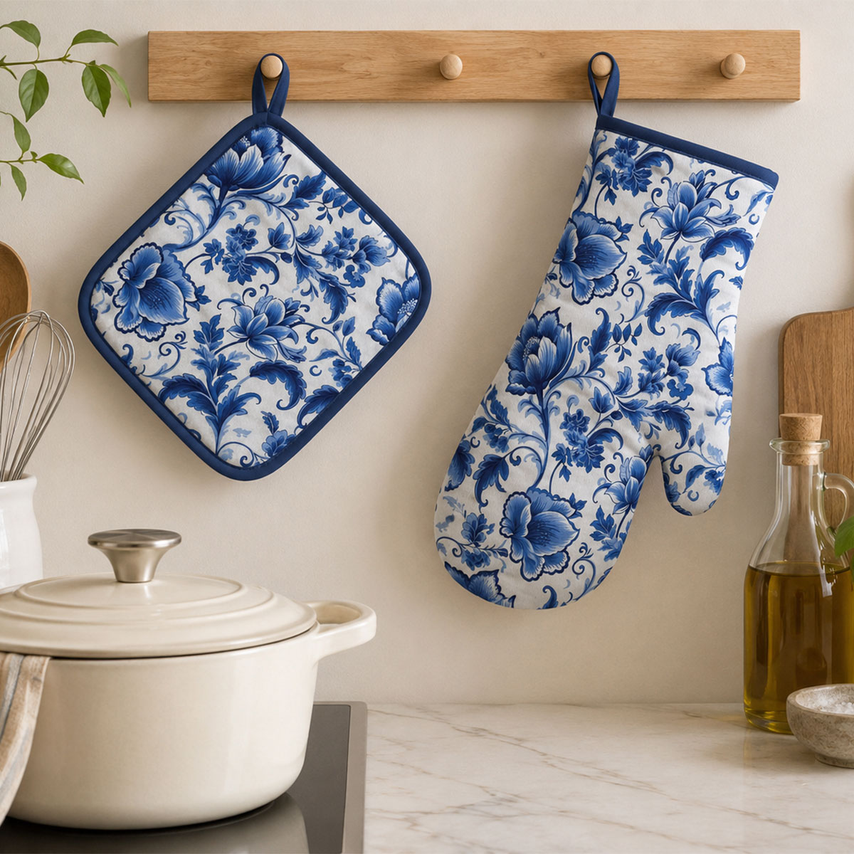 Gant de cuisine floral bleu 18 x 30 cm