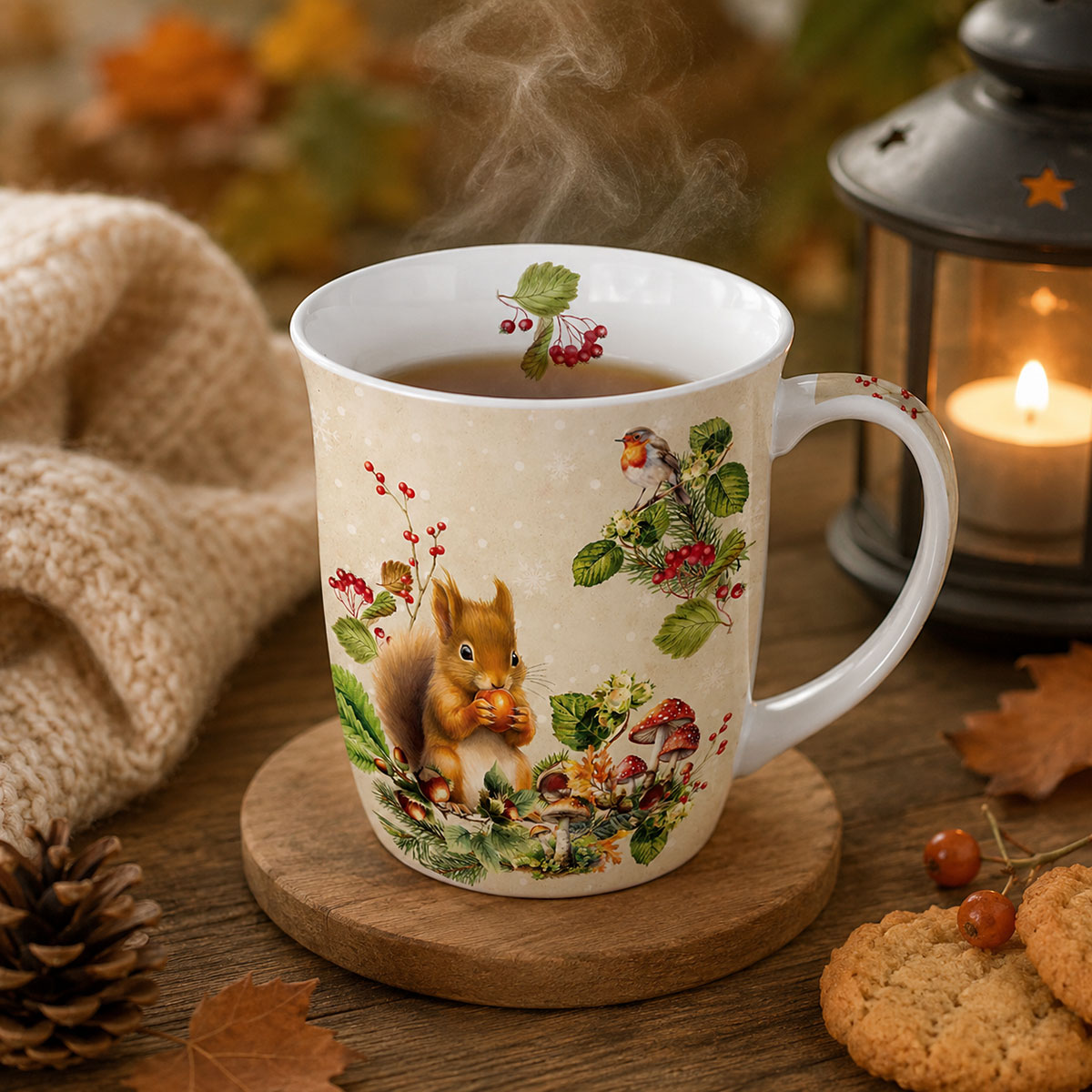 Mug en porcelaine fine �cureuil et rouge-gorge d'hiver