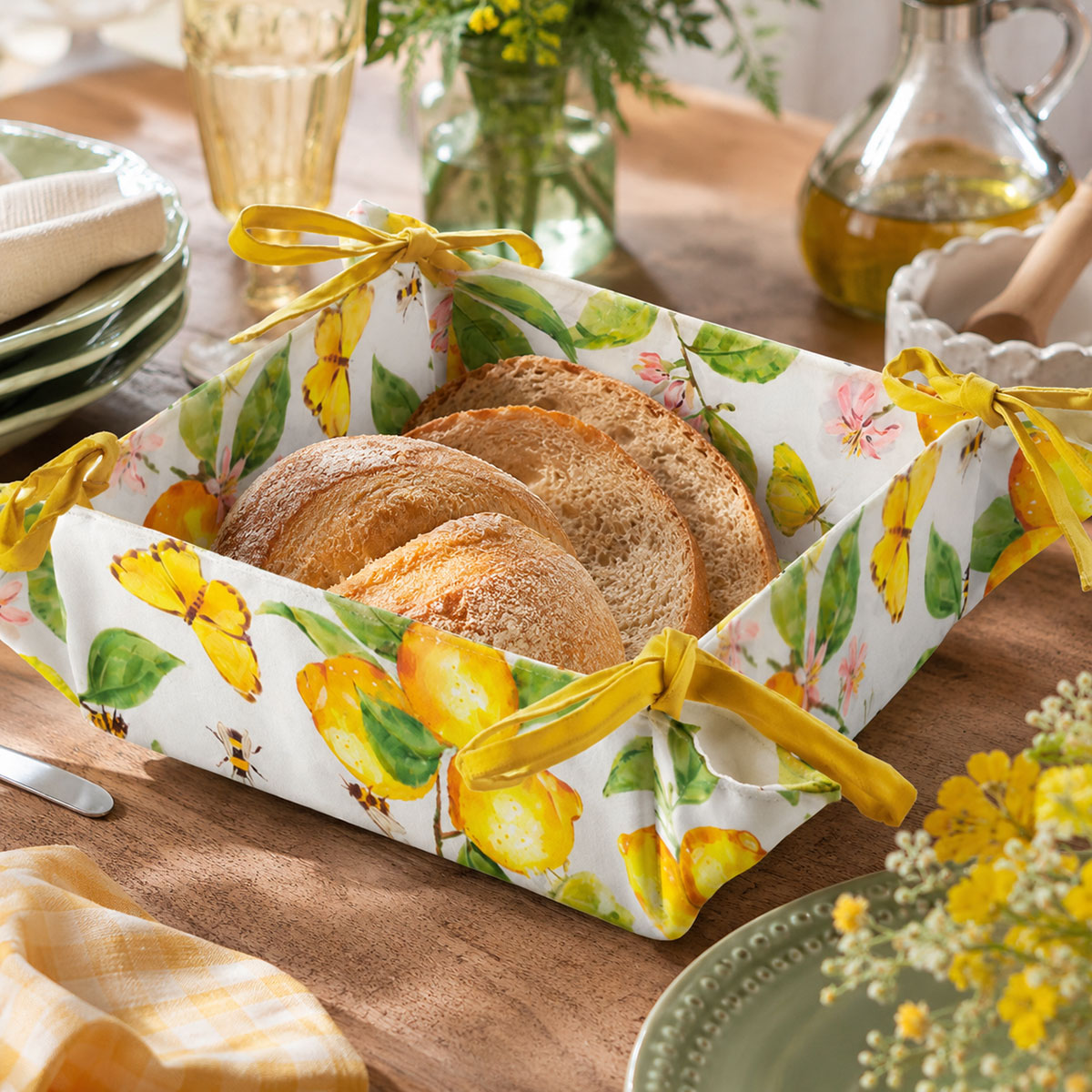 Corbeille � pain en coton citrons et papillons 20 x 20 x 7 cm